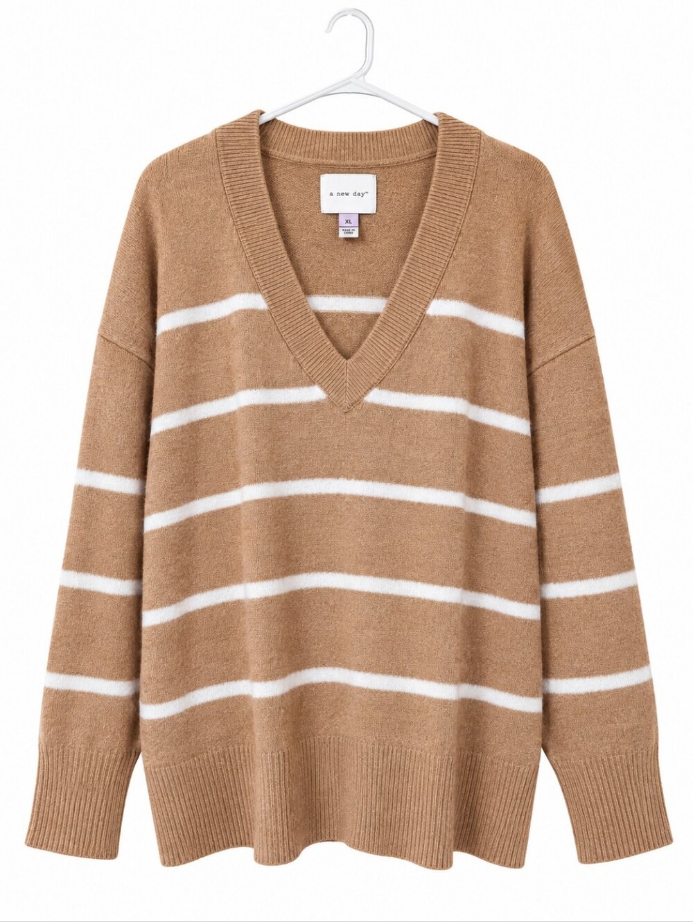 Aerie Camel and White Striped V-Neck Sweater